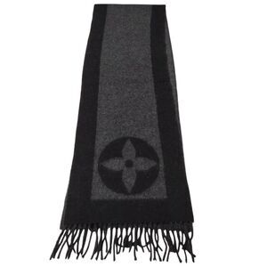 Authentic Louis Vuitton Gray Black Cashmere LV Monogram Baroda Scarf Stole Wrap